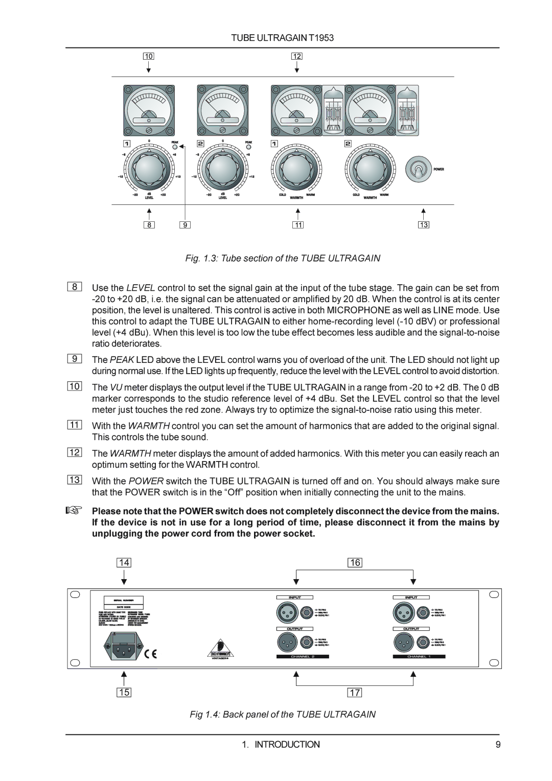 Behringer T1953 manual Tube section of the Tube Ultragain 