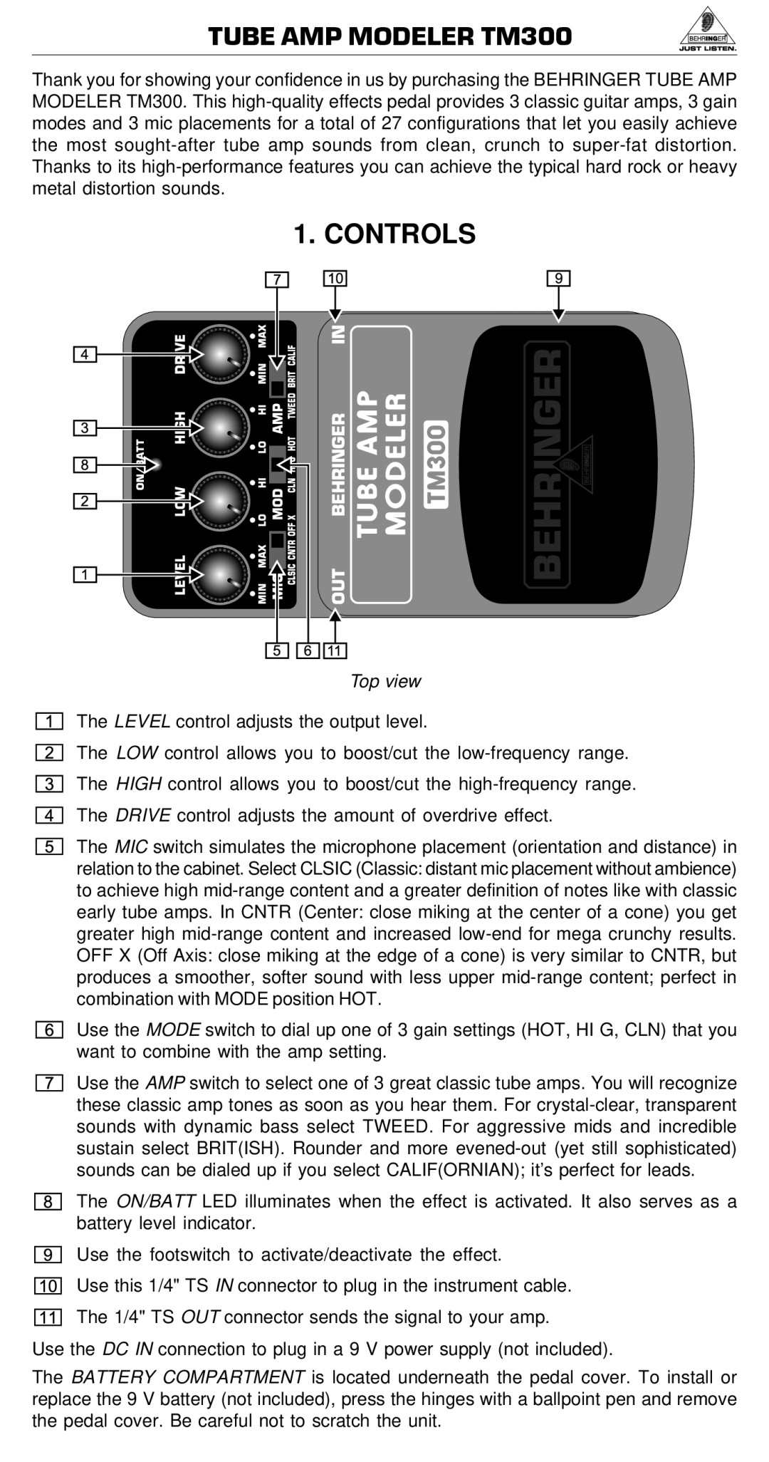 Behringer manual Tube AMP Modeler TM300, Controls, Top view 