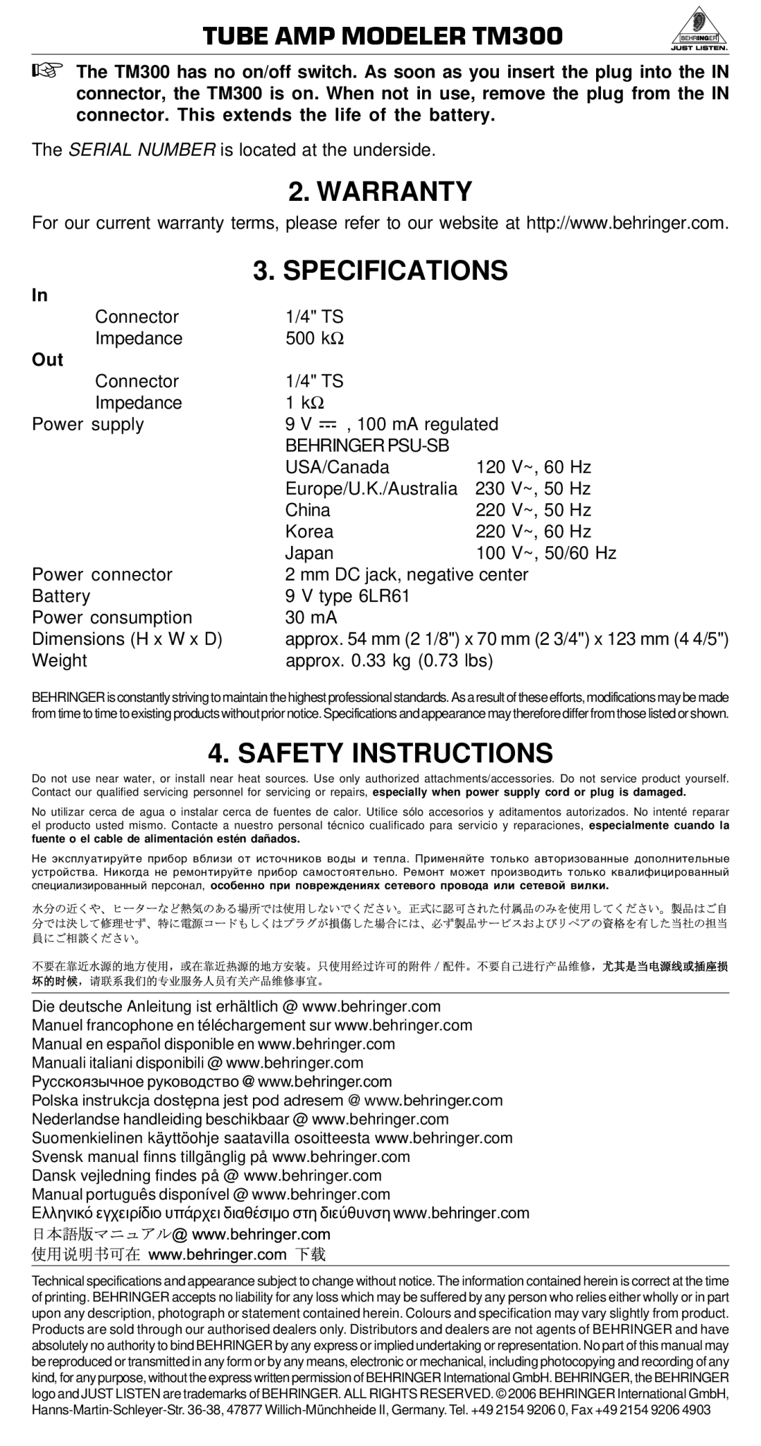 Behringer TM300 manual Warranty Specifications, Safety Instructions, Out, Behringer PSU-SB 