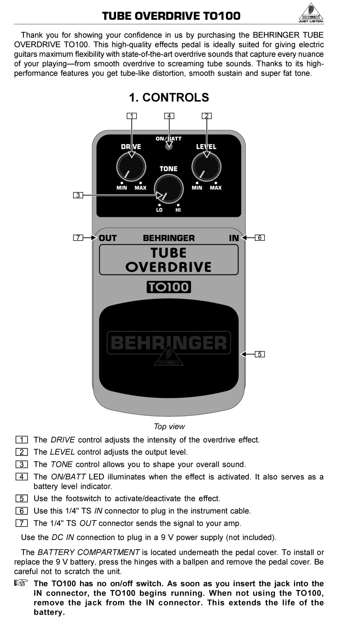 Behringer manual Tube Overdrive TO100, Controls, Top view 