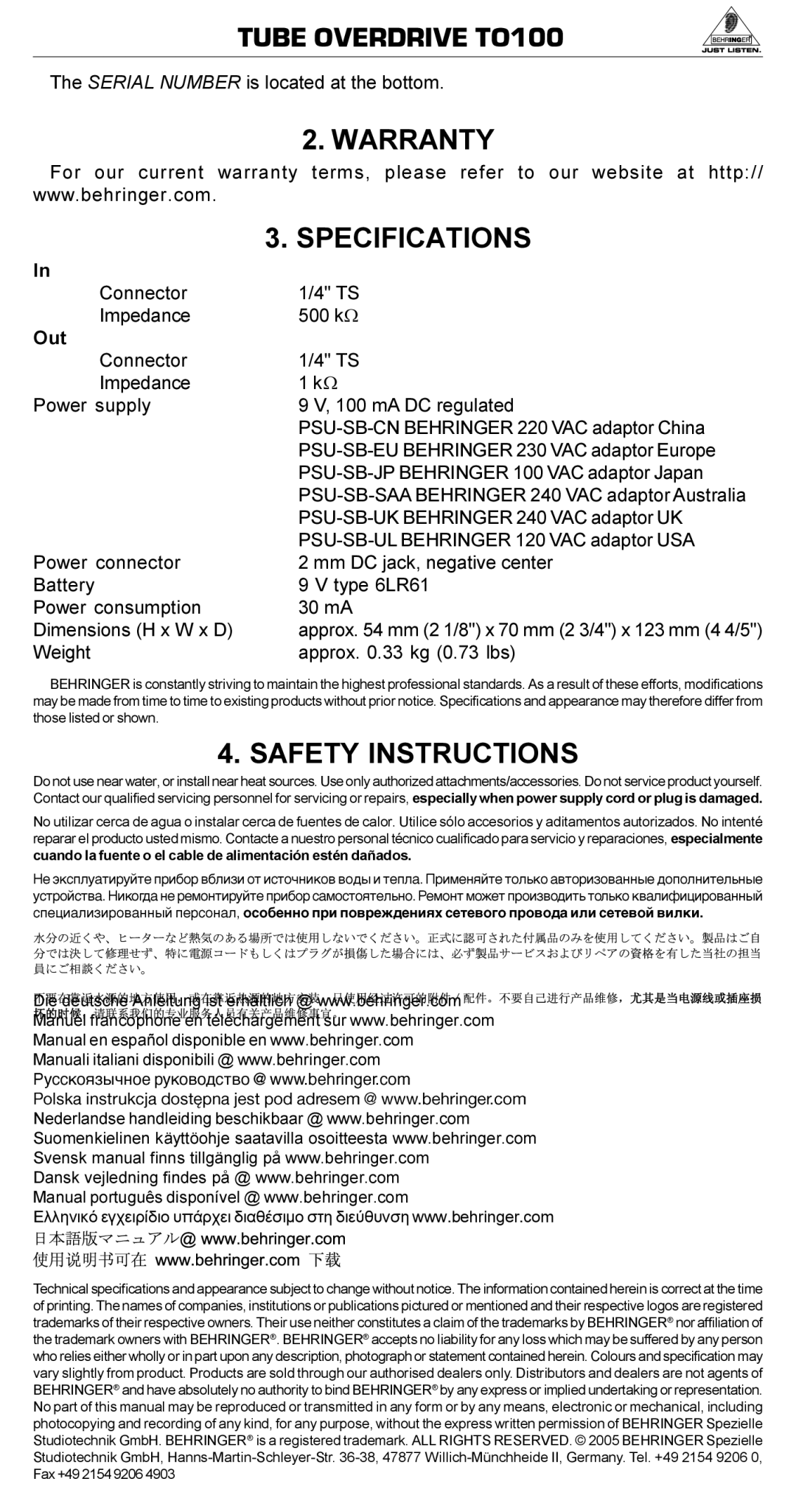 Behringer TO100 manual Warranty Specifications, Safety Instructions, Serial Number is located at the bottom 