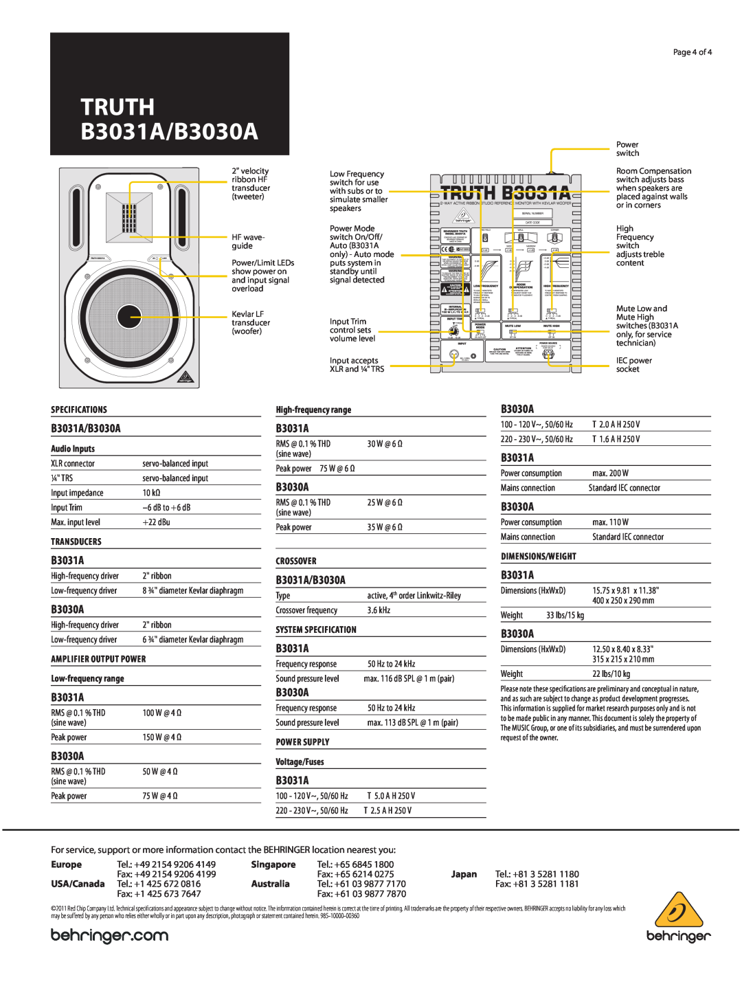 Behringer truth B3031A manual TRUTH B3031A/B3030A, Specifications 