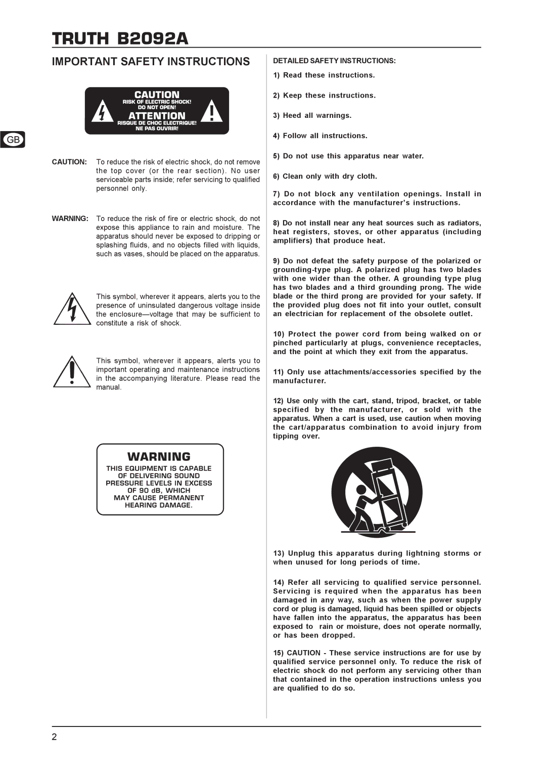 Behringer TRUTHB2092A manual Important Safety Instructions, Detailed Safety Instructions 