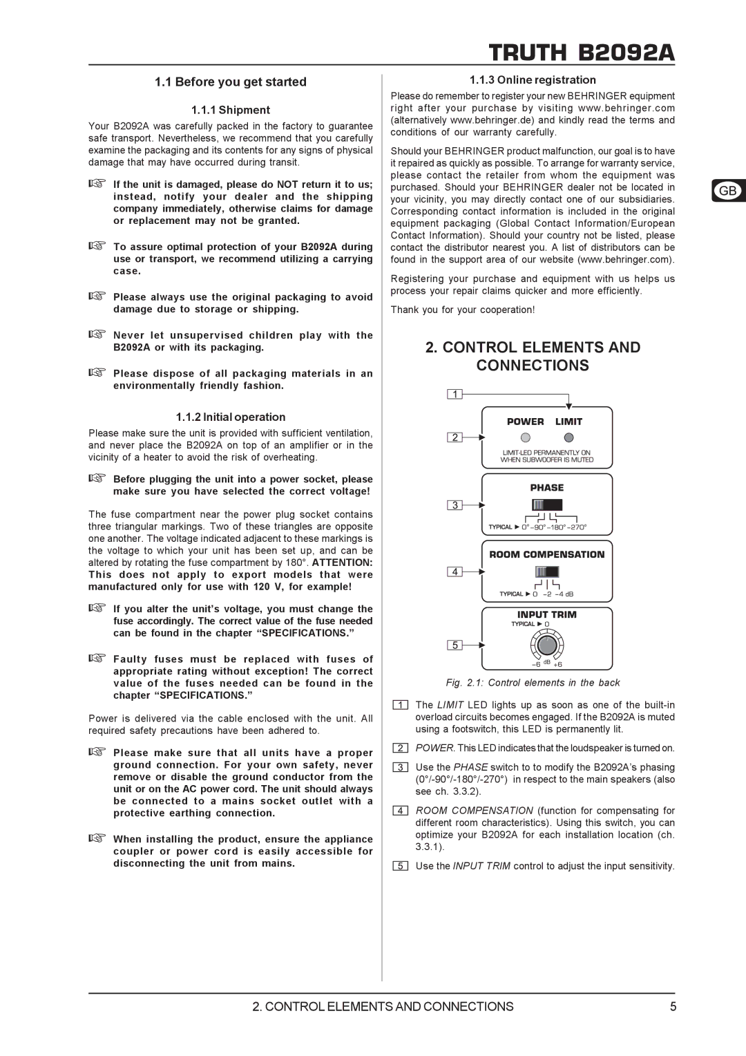 Behringer TRUTHB2092A manual Control Elements and Connections, Before you get started, Shipment, Initial operation 