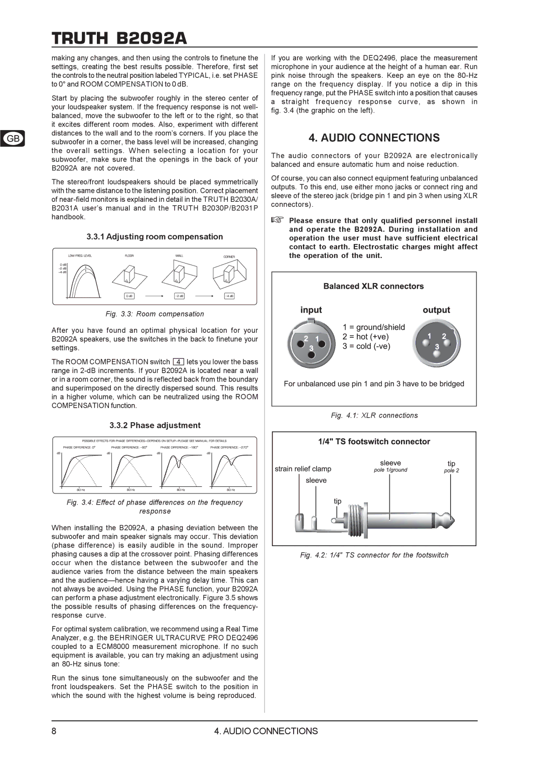 Behringer TRUTHB2092A manual Audio Connections, Adjusting room compensation, Phase adjustment 