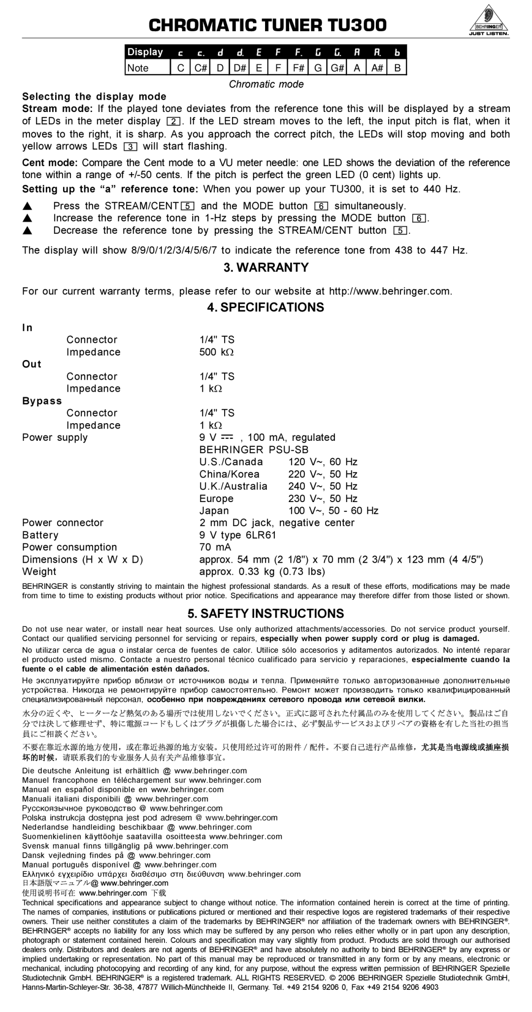 Behringer TU300 manual Warranty Specifications, Safety Instructions, Chromatic mode, Weight Approx .33 kg 0.73 lbs 