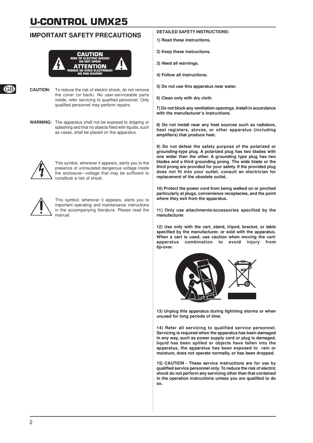 Behringer U-CONTRO LUMX25 user manual Important Safety Precautions, Detailed Safety Instructions 