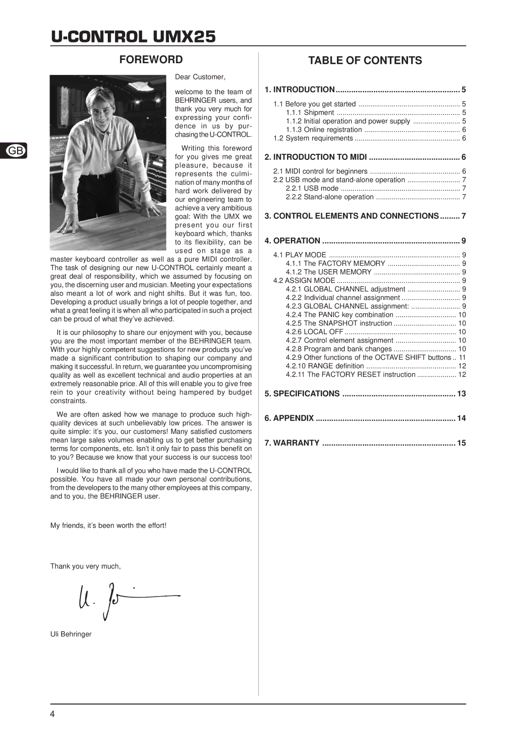 Behringer U-CONTRO LUMX25 user manual Foreword, Table of Contents 