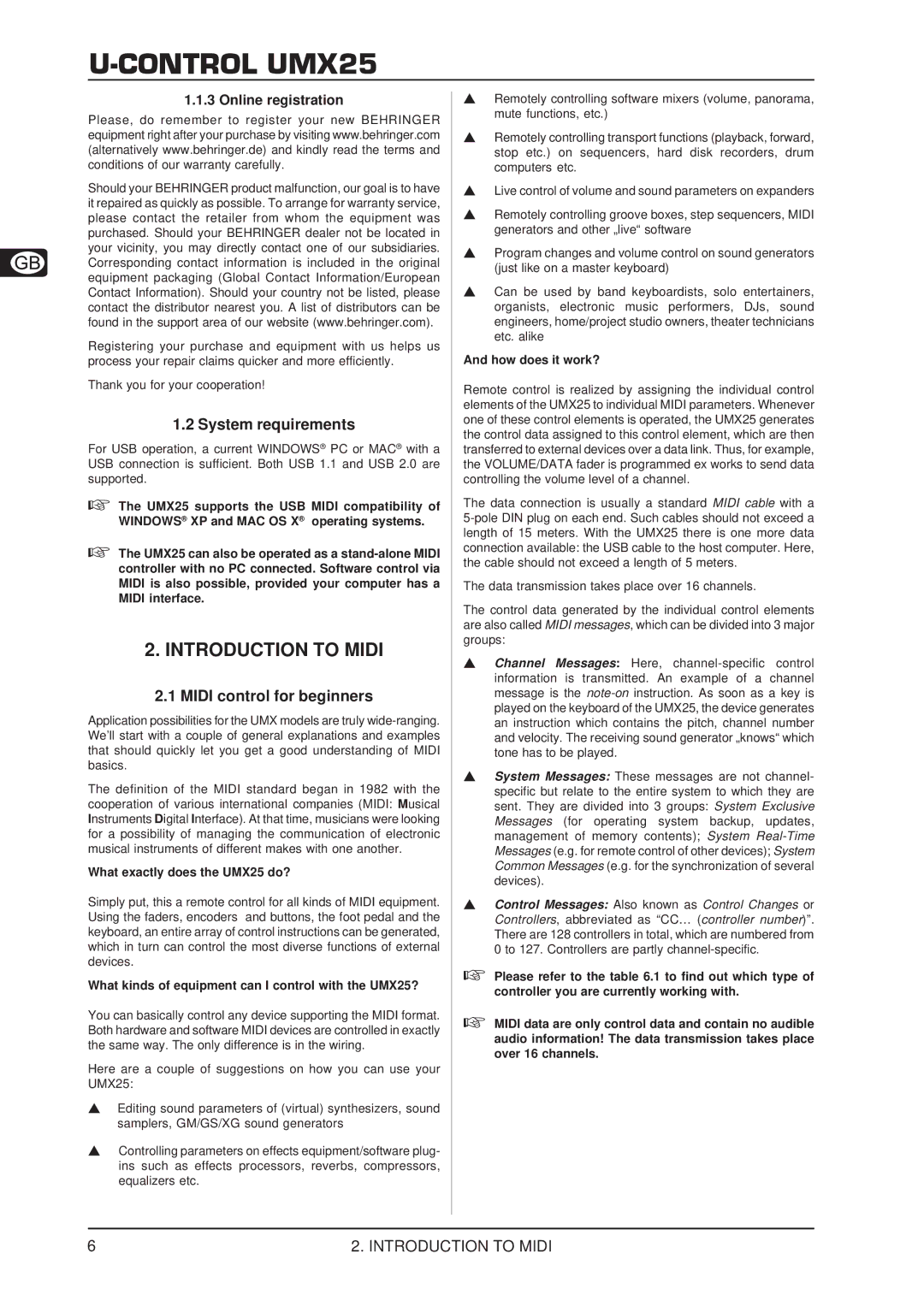 Behringer U-CONTRO LUMX25 Introduction to Midi, System requirements, Midi control for beginners, Online registration 