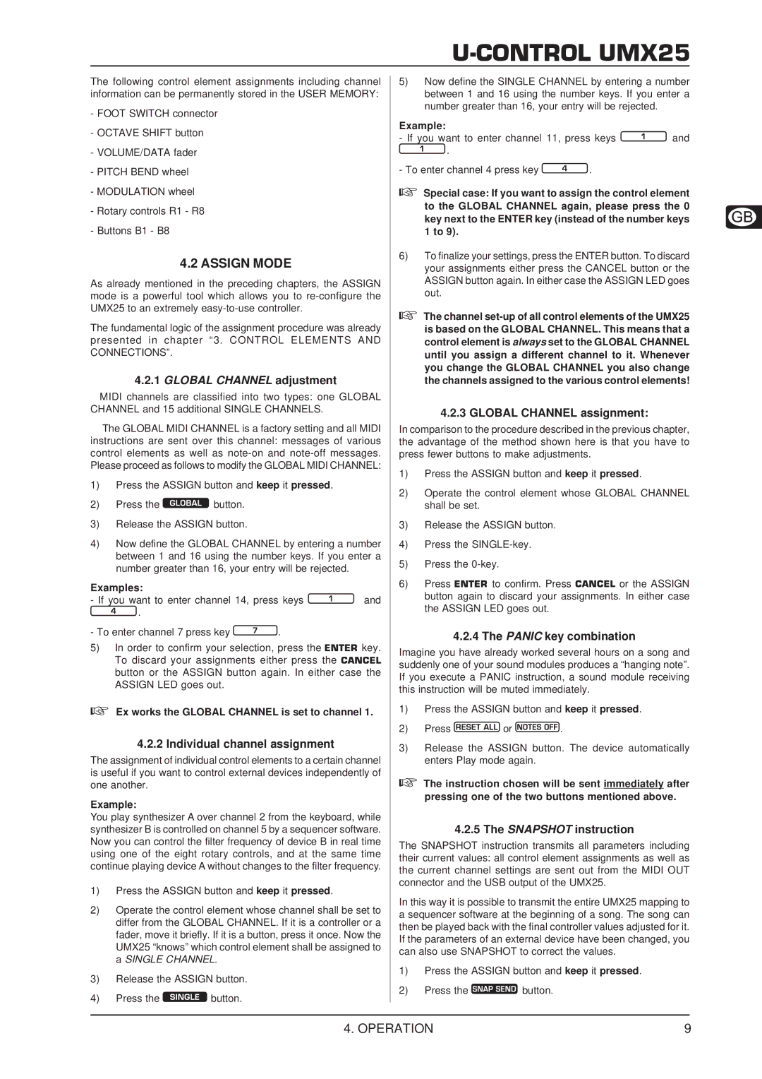 Behringer U-CONTRO LUMX25 user manual Global Channel adjustment, Individual channel assignment, Global Channel assignment 