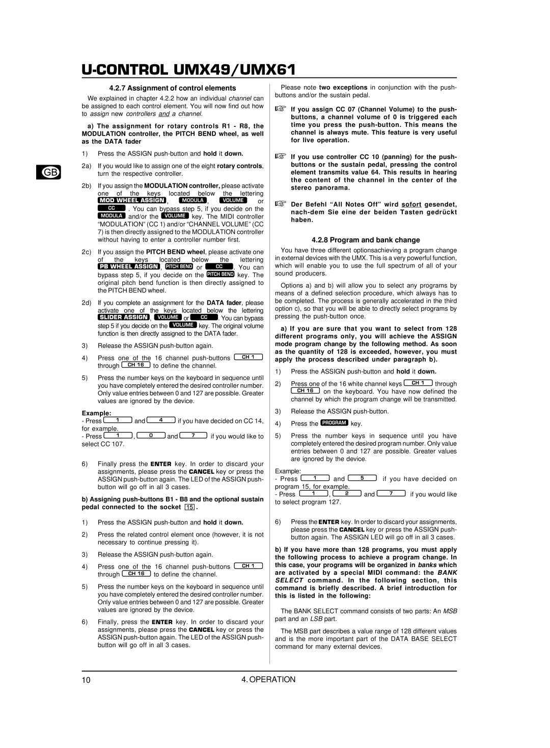 Behringer U-CONTROL UMX49, U-CONTROL UMX61 user manual Assignment of control elements, Program and bank change 