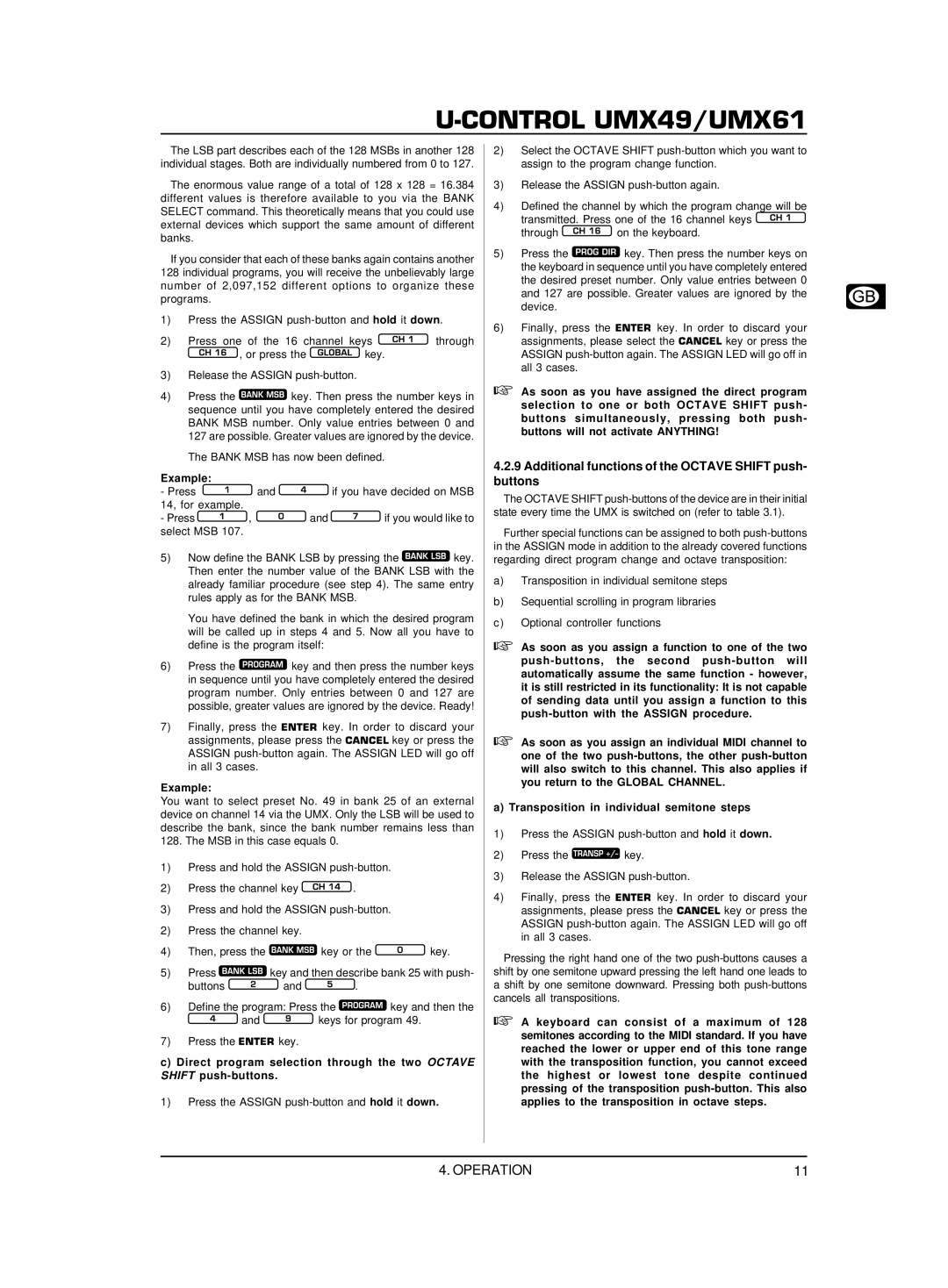 Behringer U-CONTROL UMX61 user manual Additional functions of the Octave Shift push- buttons, Bank MSB has now been defined 