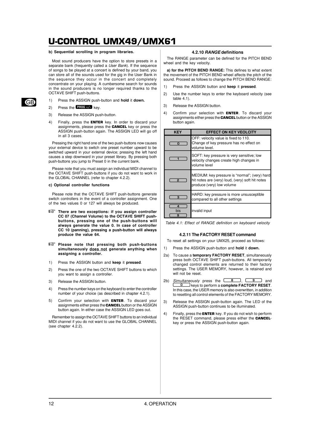 Behringer U-CONTROL UMX49 user manual Range definitions, Factory Reset command, Sequential scrolling in program libraries 