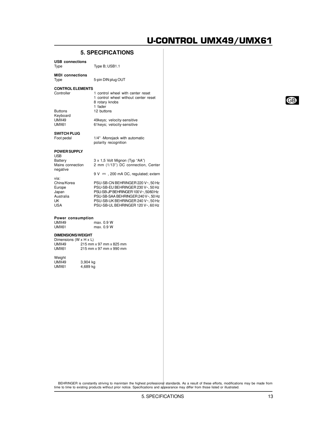 Behringer U-CONTROL UMX61, U-CONTROL UMX49 Specifications, Control Elements, Switch Plug, Power Supply, Dimensions/Weight 