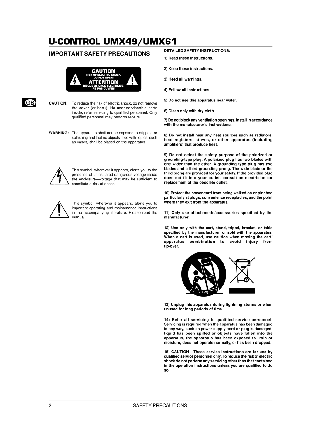 Behringer U-CONTROL UMX49, U-CONTROL UMX61 user manual Important Safety Precautions, Detailed Safety Instructions 