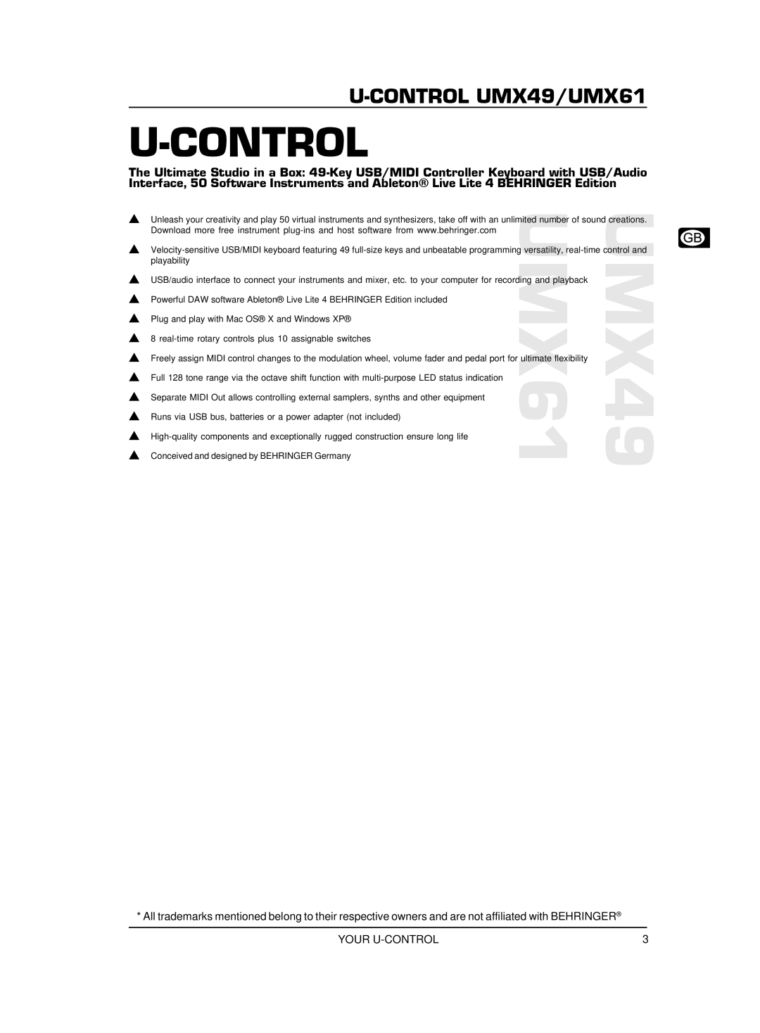 Behringer U-CONTROL UMX61, U-CONTROL UMX49 user manual Control 