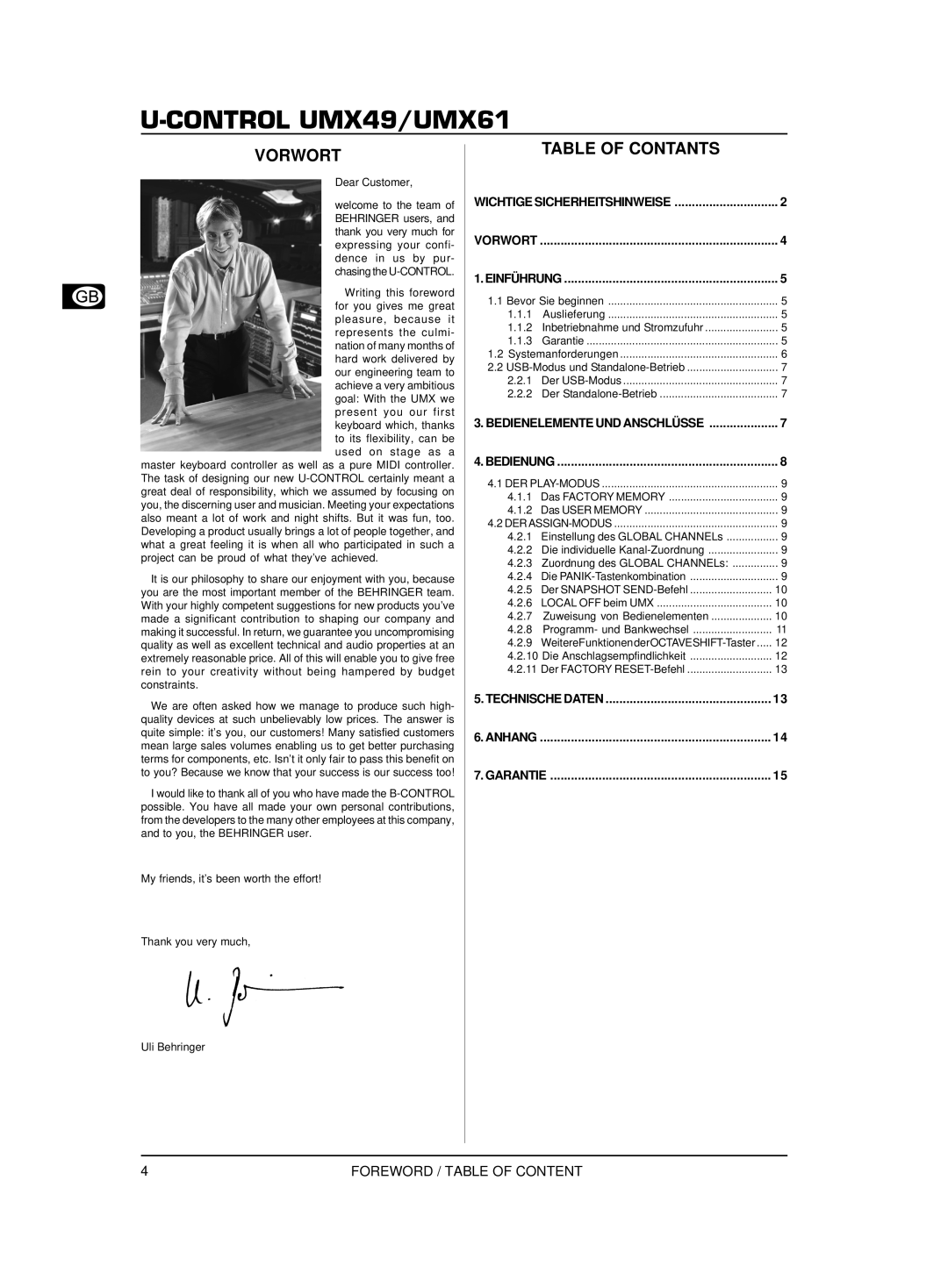 Behringer U-CONTROL UMX49, U-CONTROL UMX61 user manual Vorwort, Table of Contants, Der Play-Modus, Derassign-Modus 