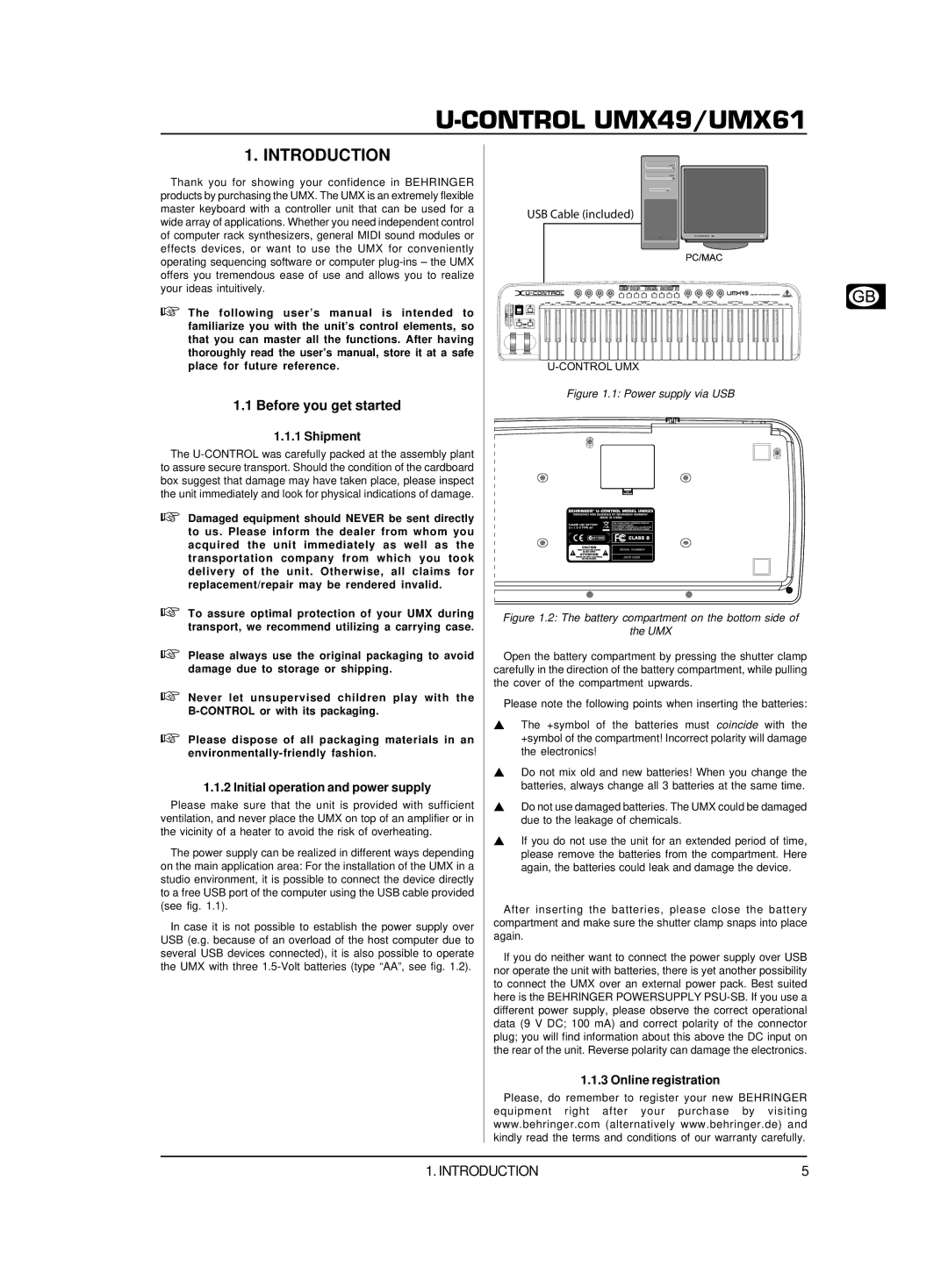 Behringer U-CONTROL UMX61 user manual Introduction, Before you get started, Shipment, Initial operation and power supply 