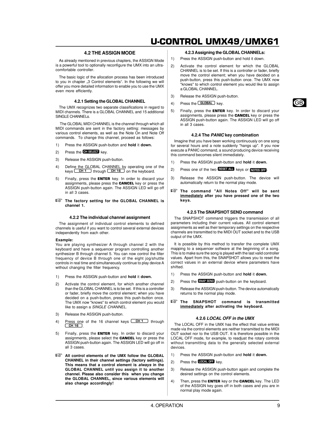 Behringer U-CONTROL UMX61 Setting the Global Channel, Individual channel assignment, Assigning the Global CHANNELs 