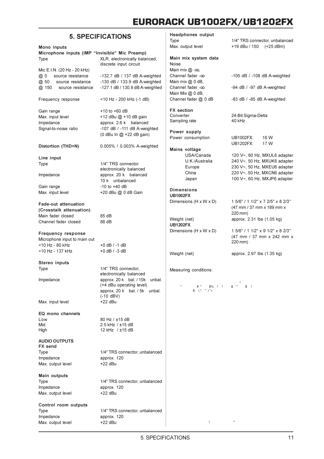 Behringer UB1002FX, UB1202FX manual Specifications, Audio Outputs 