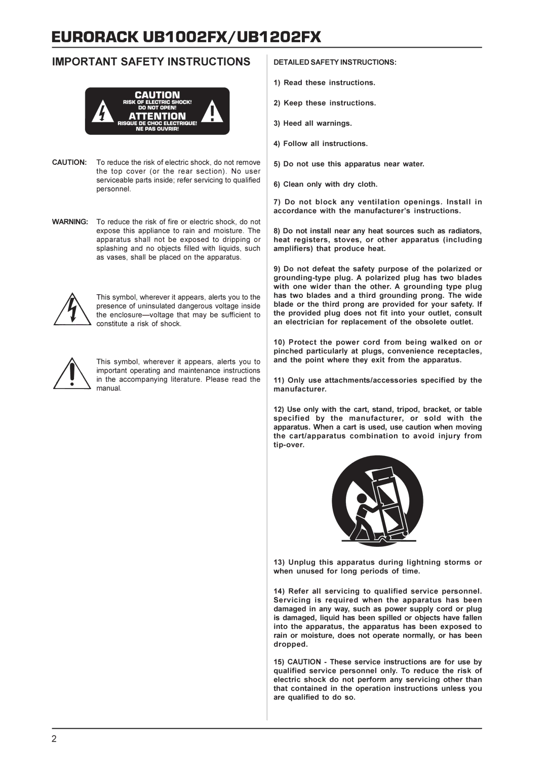 Behringer UB1202FX, UB1002FX manual Important Safety Instructions, Detailed Safety Instructions 