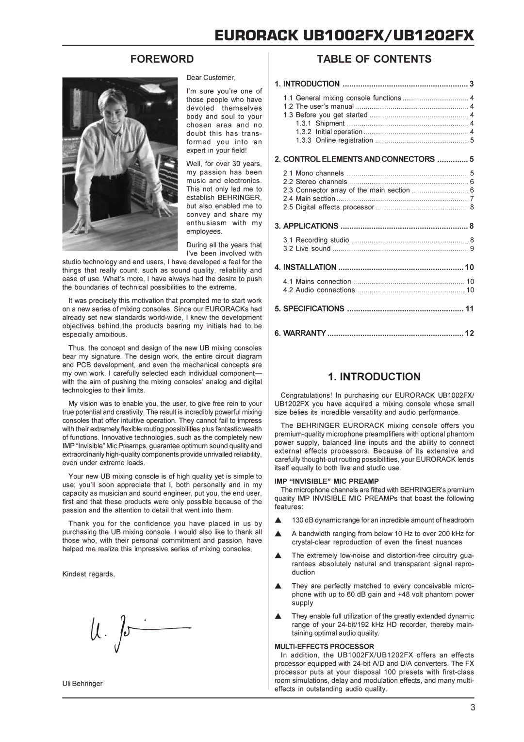 Behringer UB1002FX, UB1202FX manual Foreword, Table of Contents, Introduction 