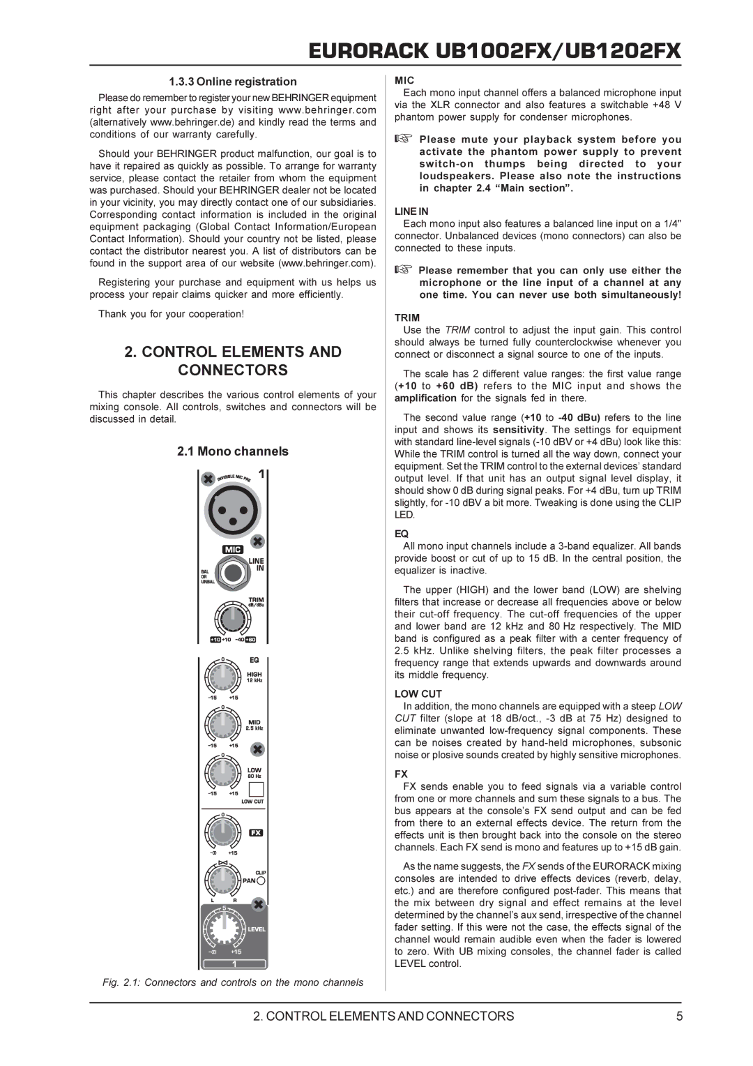 Behringer UB1002FX, UB1202FX manual Control Elements and Connectors, Mono channels 