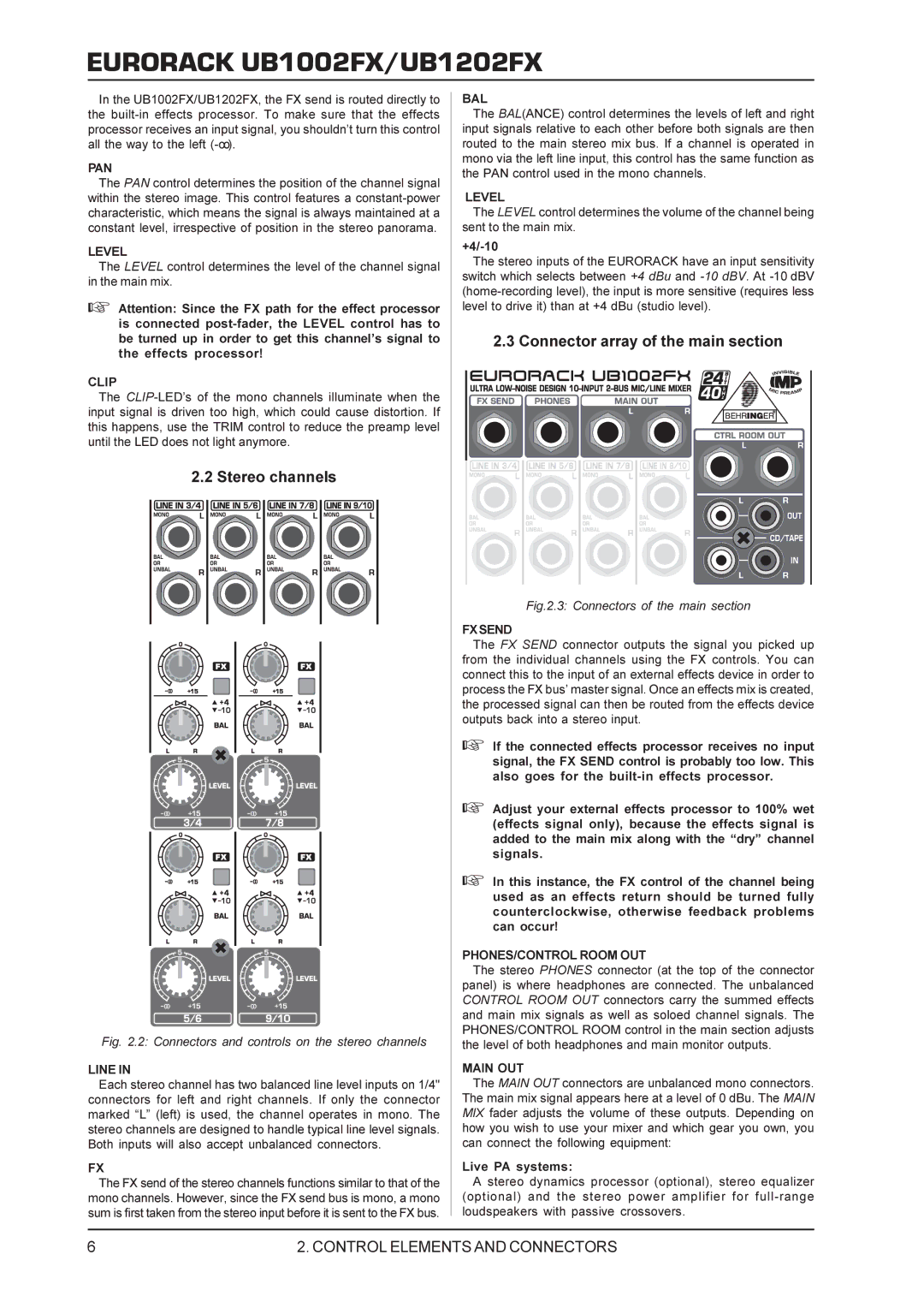 Behringer UB1202FX, UB1002FX manual Stereo channels, Connector array of the main section 