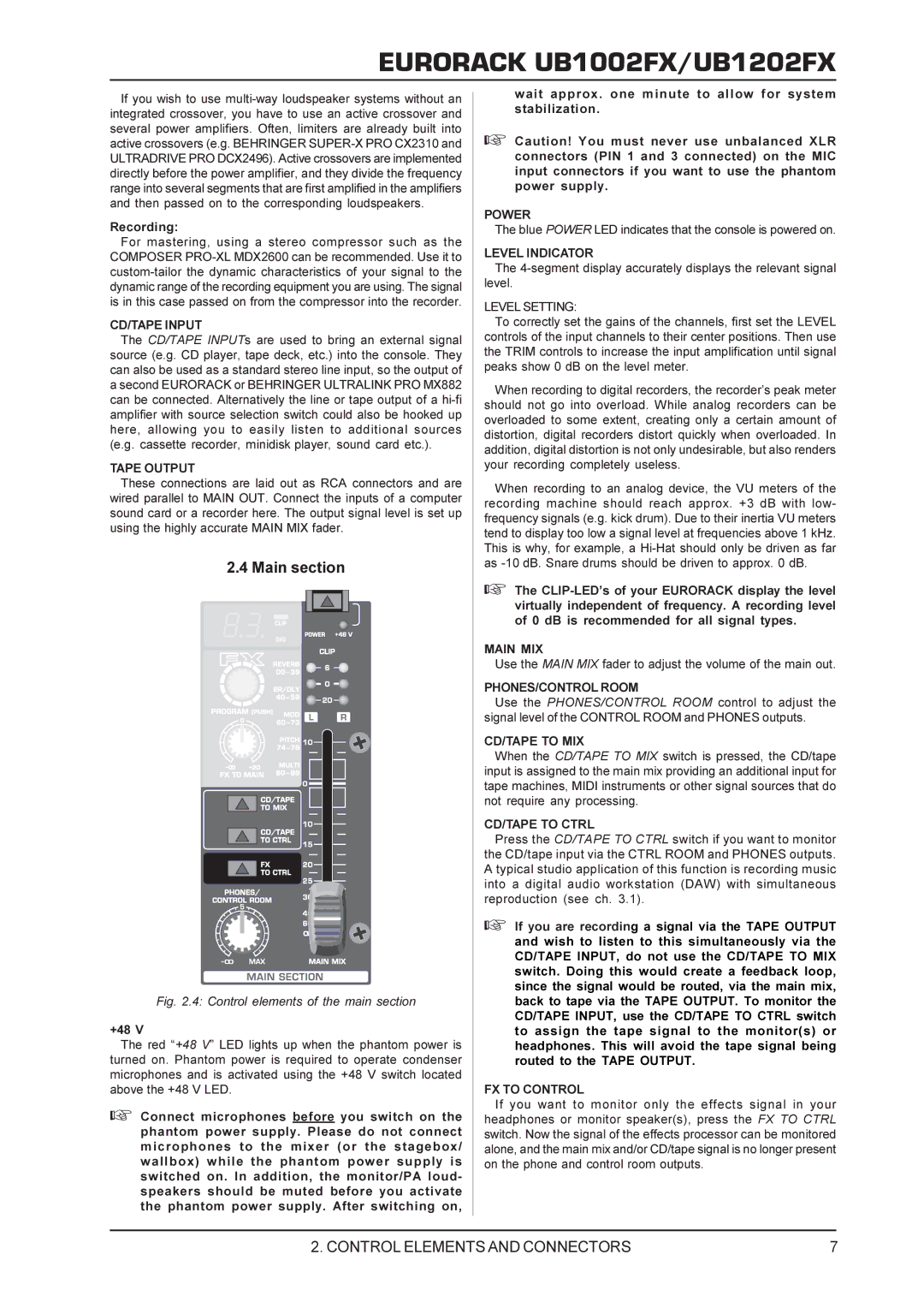 Behringer UB1002FX, UB1202FX manual Main section 