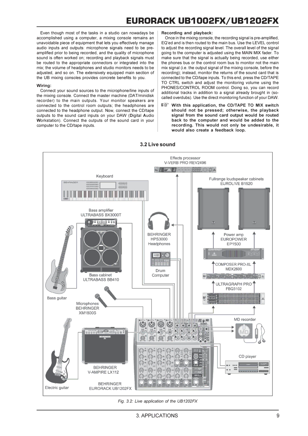 Behringer UB1002FX manual Live sound, Live application of the UB1202FX 