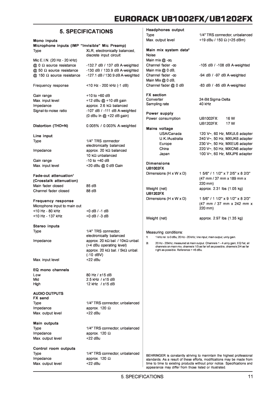 Behringer manual Specifications, EURORACK UB1002FX/UB1202FX 