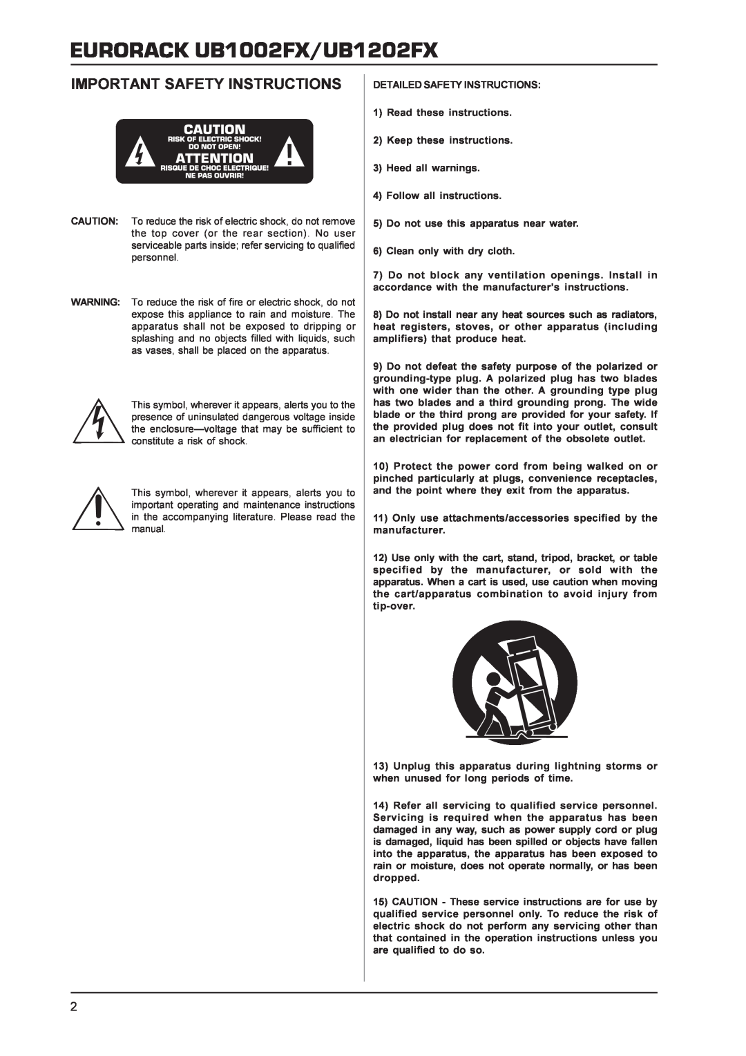Behringer manual EURORACK UB1002FX/UB1202FX, Important Safety Instructions 