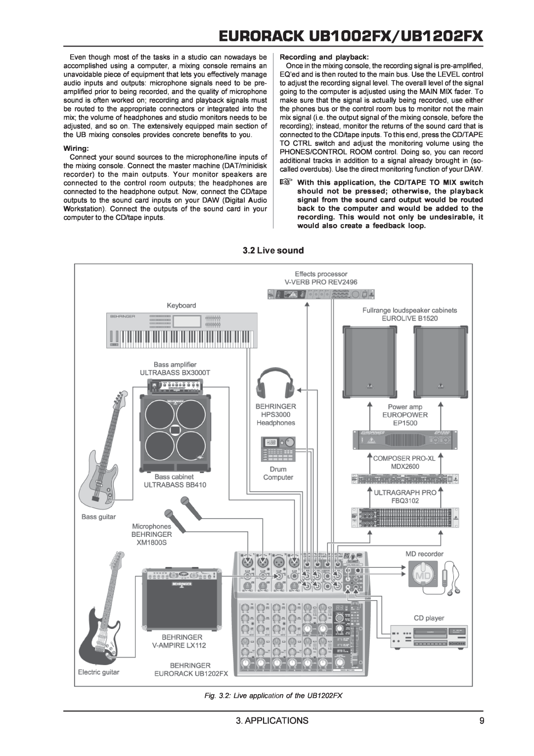 Behringer manual Live sound, 2 Live application of the UB1202FX, EURORACK UB1002FX/UB1202FX, Applications, Wiring 