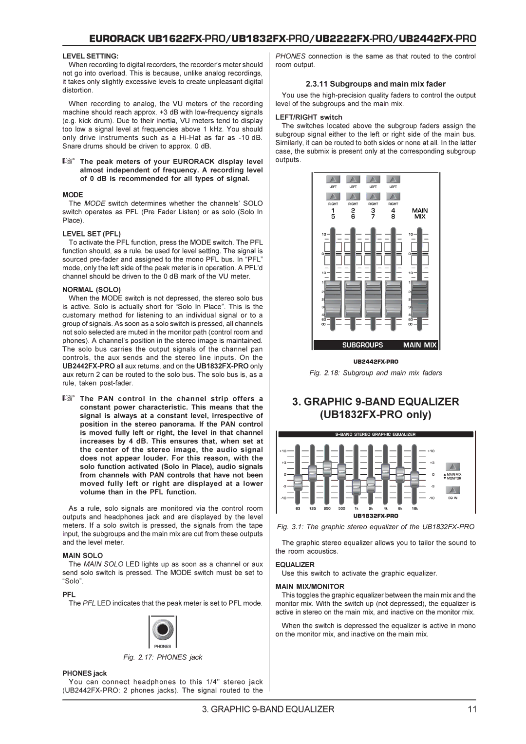 Behringer UB1832FX-PRO manual Level Setting, Mode, Level SET PFL, Normal Solo, Main Solo, Pfl, Equalizer, Main MIX/MONITOR 