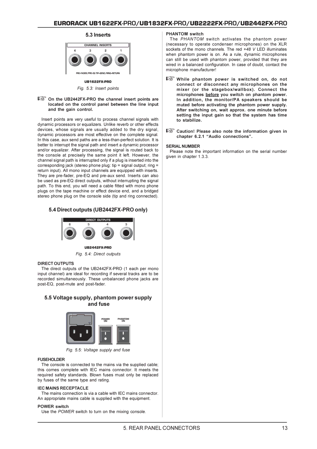 Behringer UB2222FX-PRO manual Inserts, Direct outputs UB2442FX-PRO only, Voltage supply, phantom power supply and fuse 