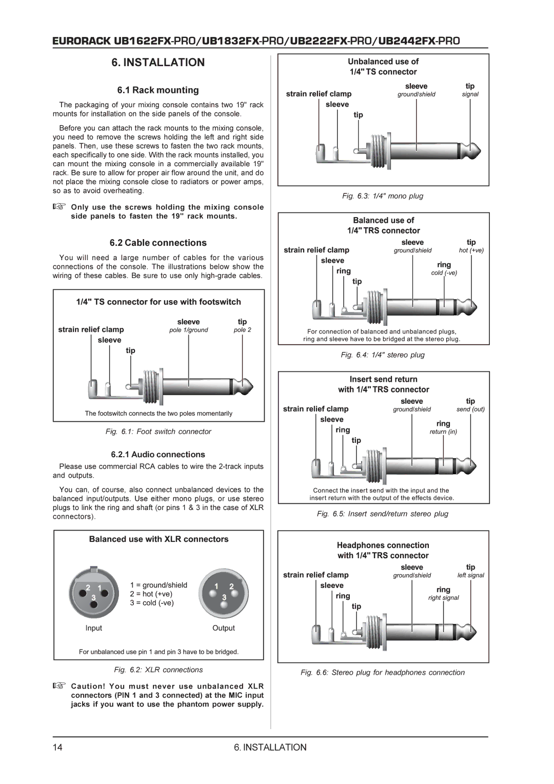 Behringer UB1622FX-PRO, UB2442FX-PRO, UB2222FX-PRO, UB1832FX-PRO manual Rack mounting, Cable connections 