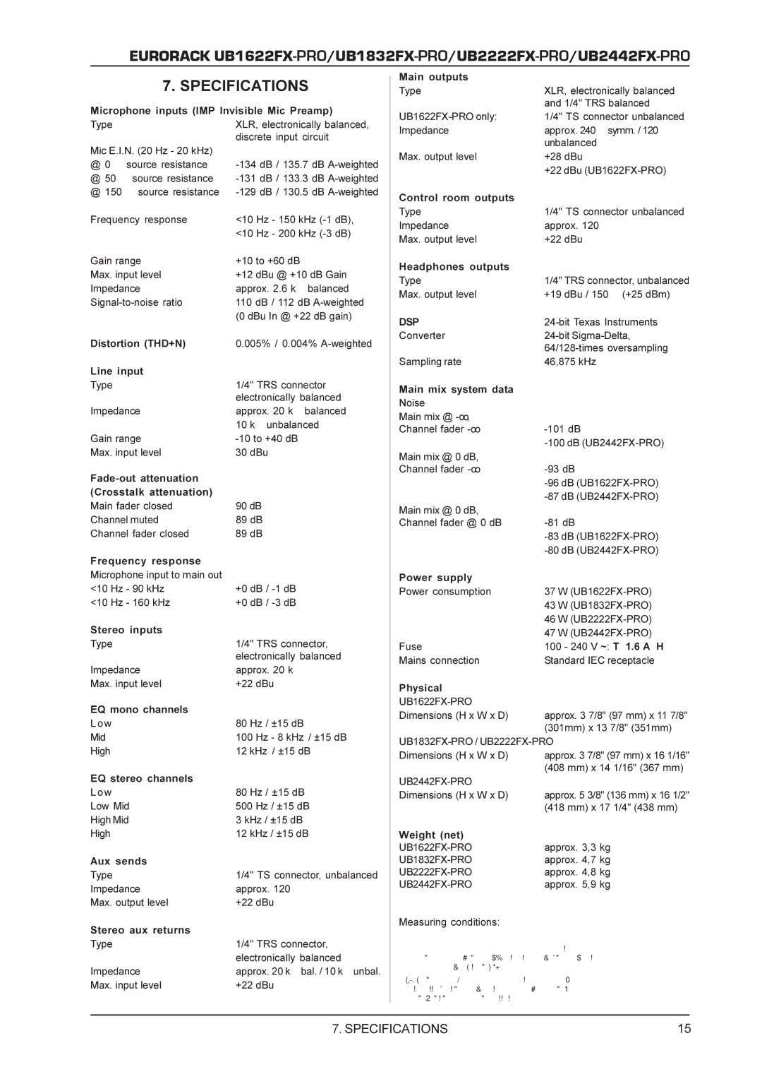 Behringer UB1832FX-PRO, UB2442FX-PRO, UB2222FX-PRO, UB1622FX-PRO manual Specifications 