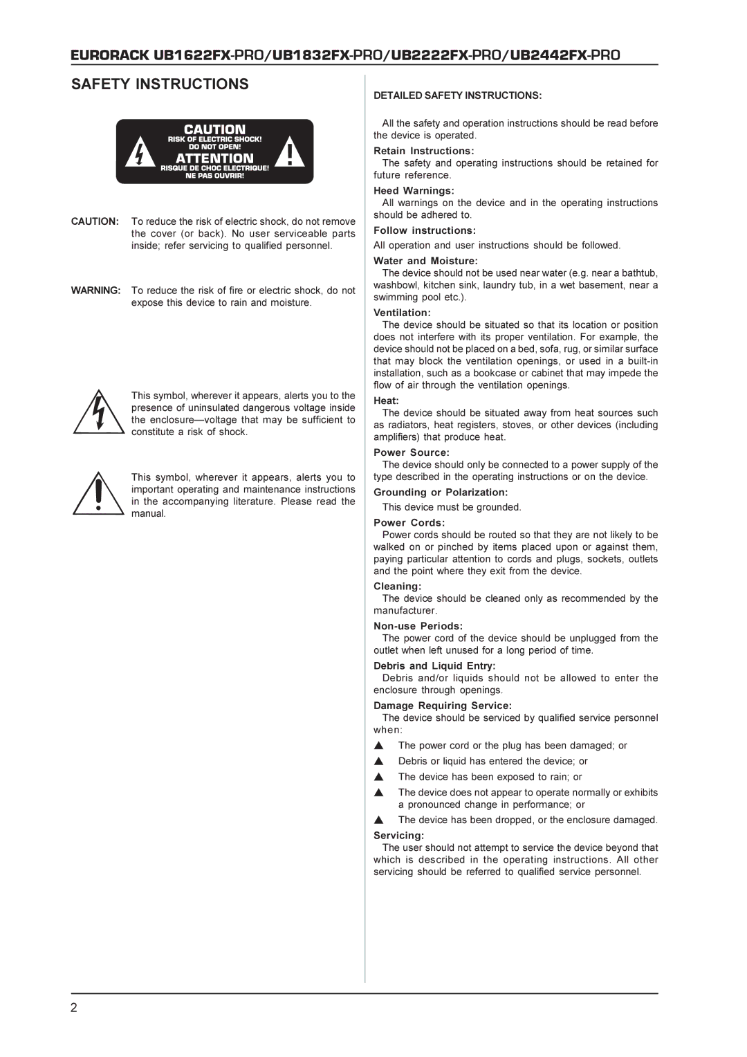 Behringer UB1622FX-PRO, UB2442FX-PRO, UB2222FX-PRO, UB1832FX-PRO manual Detailed Safety Instructions 