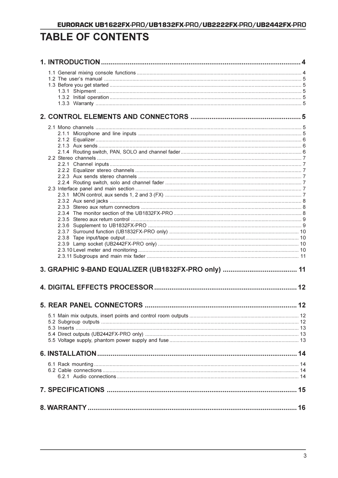 Behringer UB1832FX-PRO, UB2442FX-PRO, UB2222FX-PRO, UB1622FX-PRO manual Table of Contents 