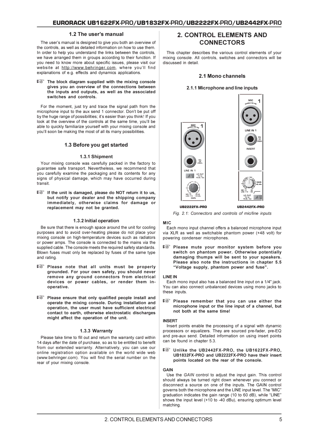 Behringer UB2222FX-PRO, UB2442FX-PRO, UB1622FX-PRO, UB1832FX-PRO User’s manual, Before you get started, Mono channels 