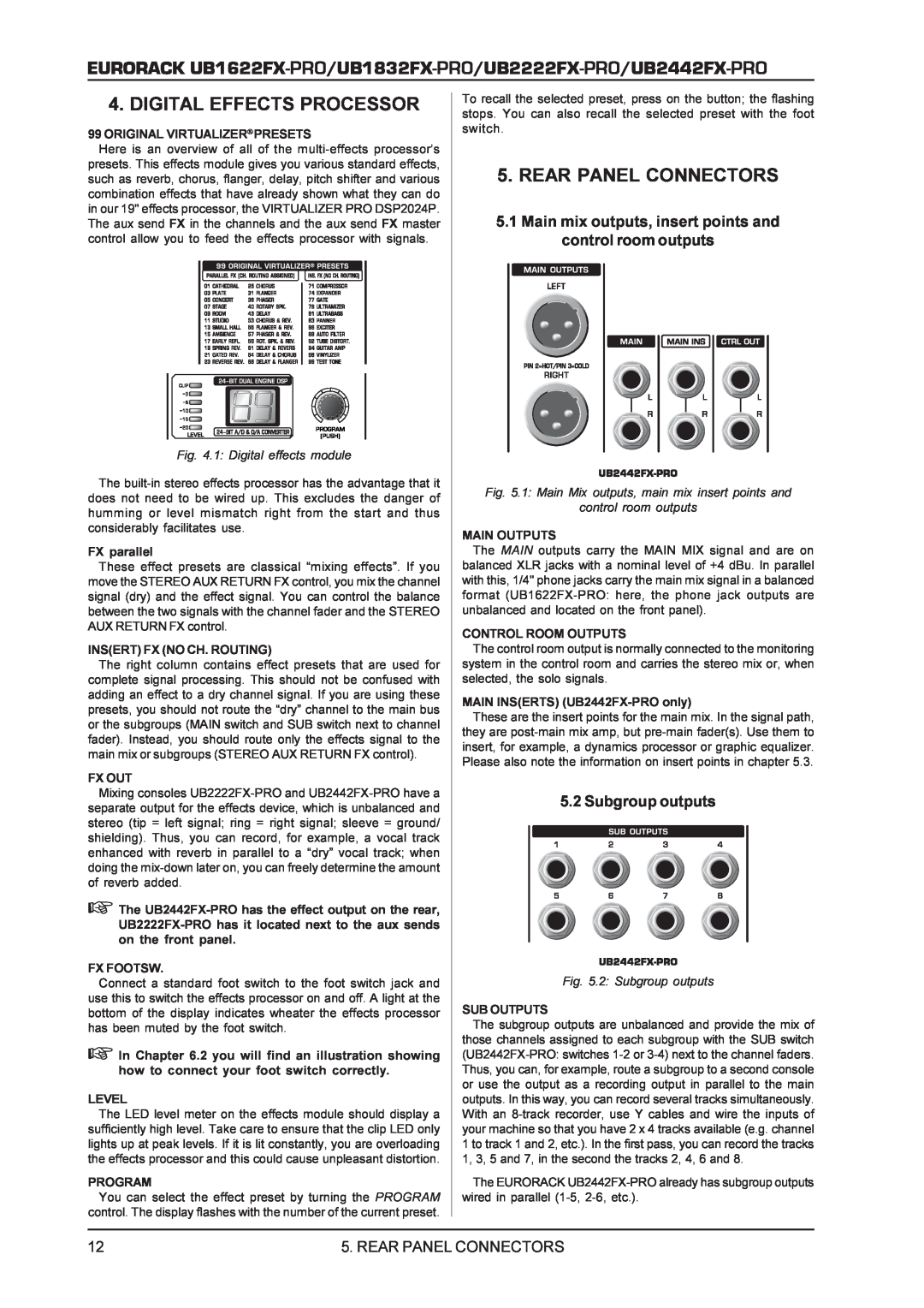 Behringer UB2442FX-PRO manual Subgroup outputs, Rear Panel Connectors, 1 Digital effects module, control room outputs 