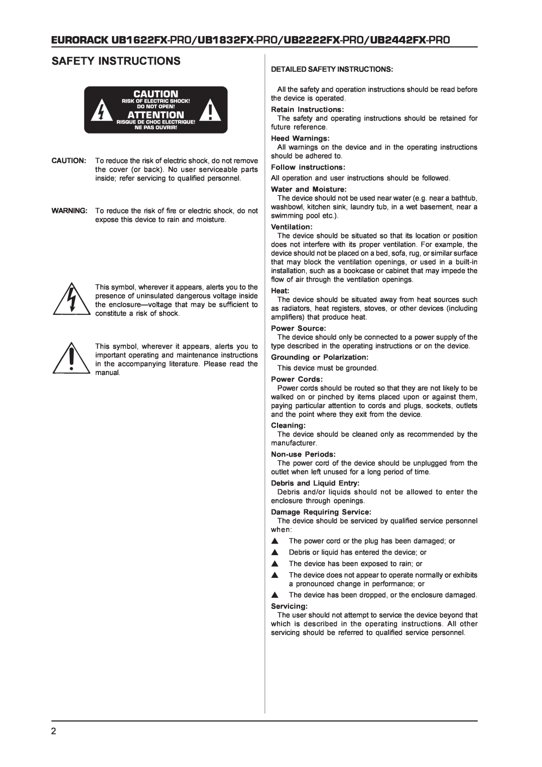 Behringer UB1622FX-PRO, UB2442FX-PRO, UB2222FX-PRO, UB1832FX-PRO manual Safety Instructions 