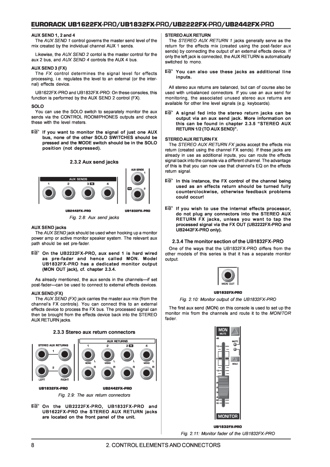 Behringer UB2442FX-PRO, UB2222FX-PRO Control Elements And Connectors, 2.3.2Aux send jacks, Stereo aux return connectors 