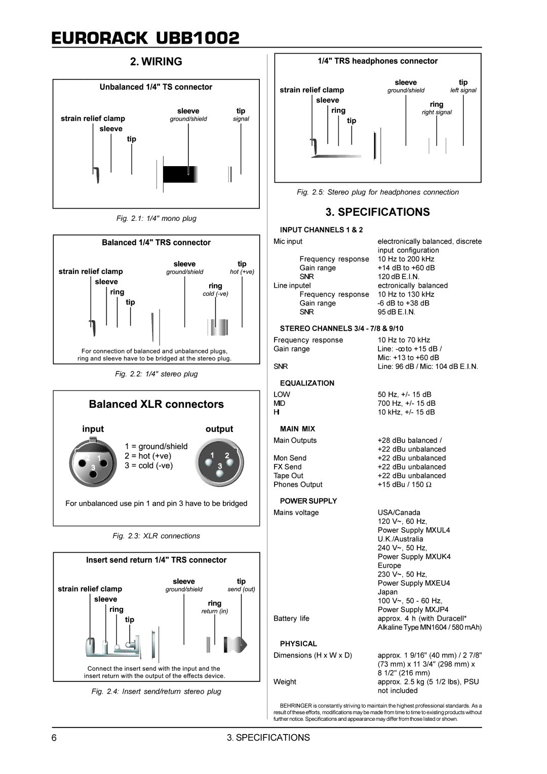 Behringer UBB1002 manual Wiring, Specifications 