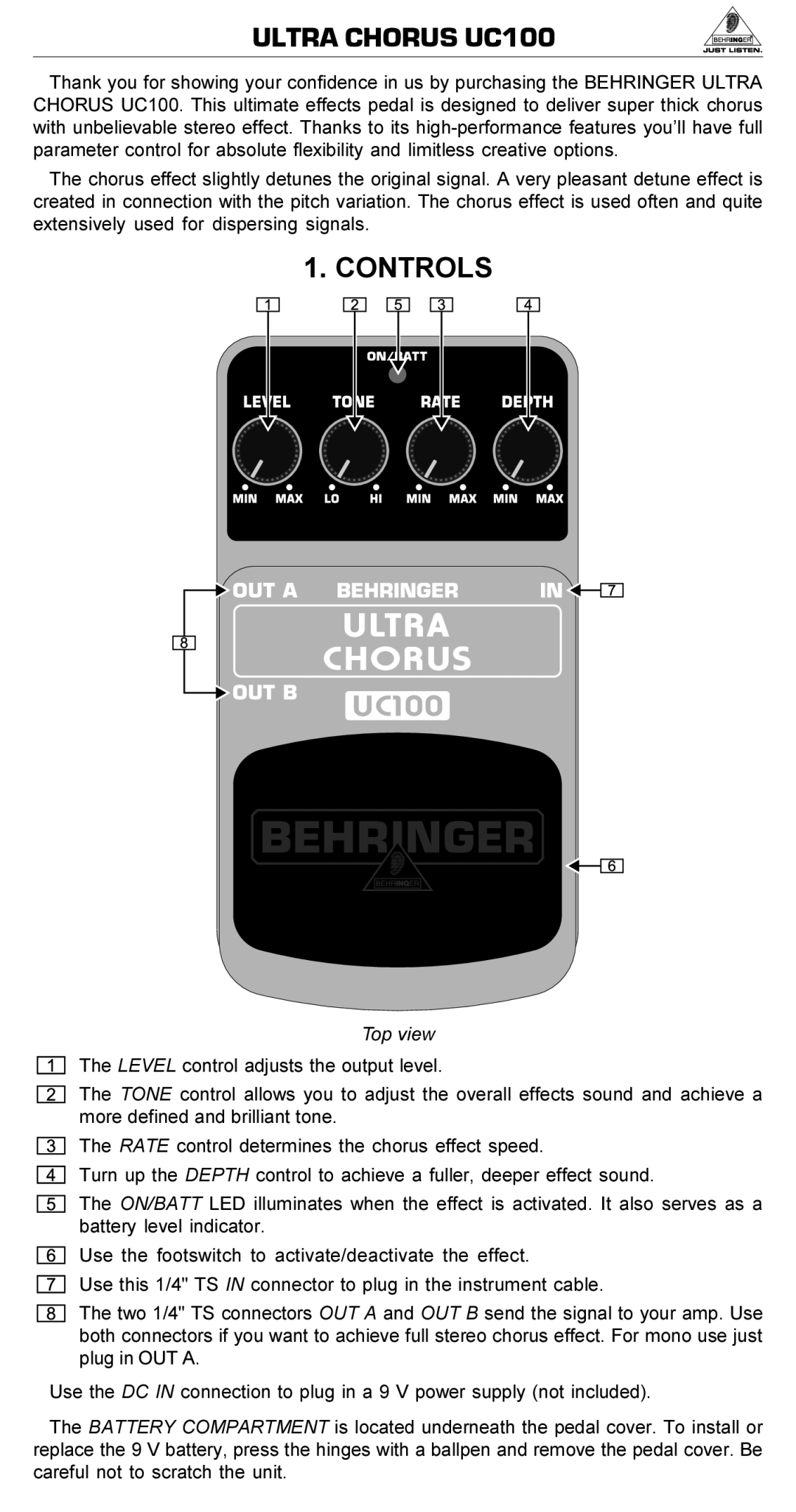 Behringer manual Ultra Chorus UC100, Controls, Top view 