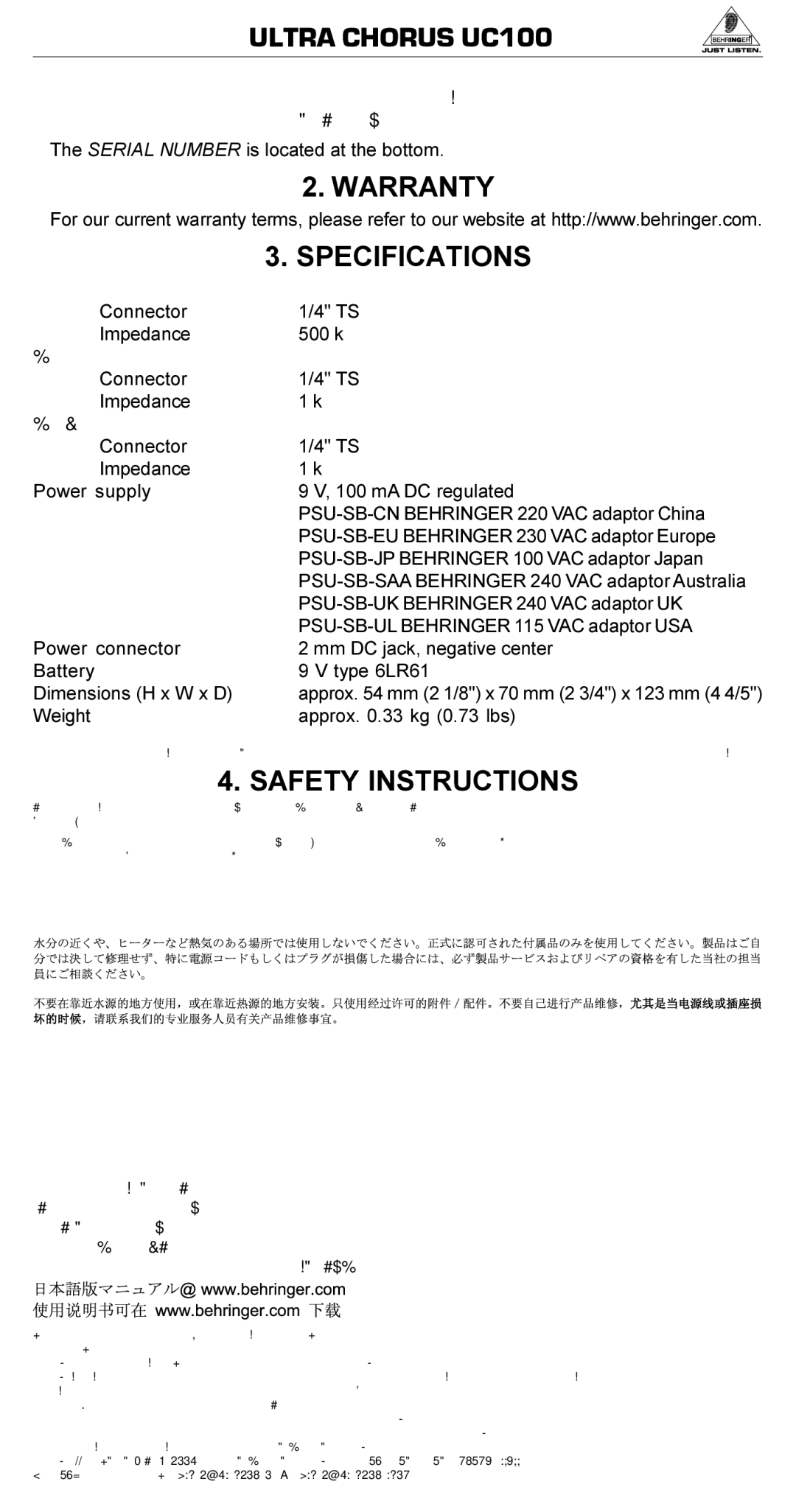 Behringer UC100 manual Fuente o el cabledealimentaciónestén dañados, Warranty Specifications, Safety Instructions 