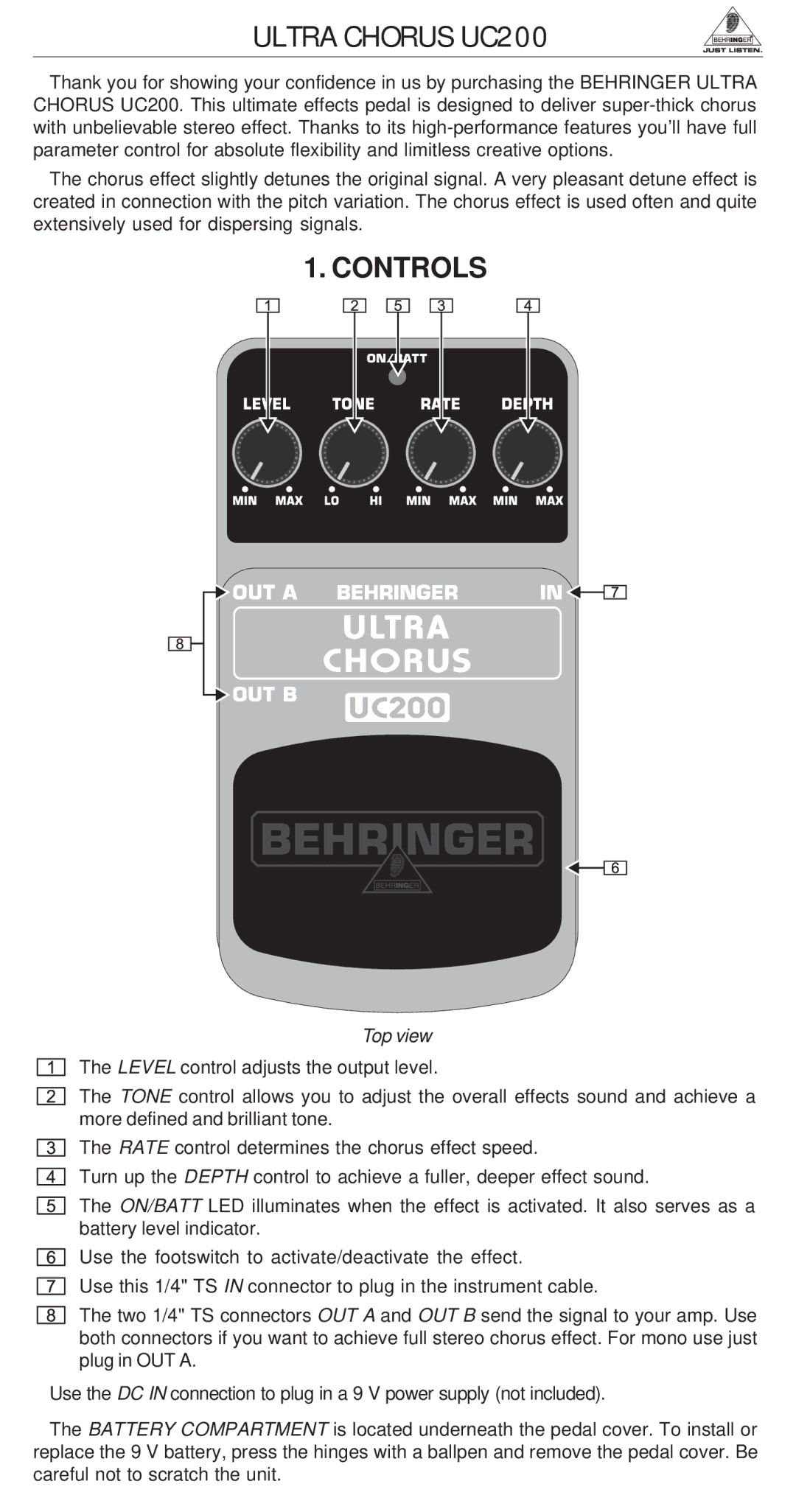 Behringer manual Ultra Chorus UC200, Controls, Top view 