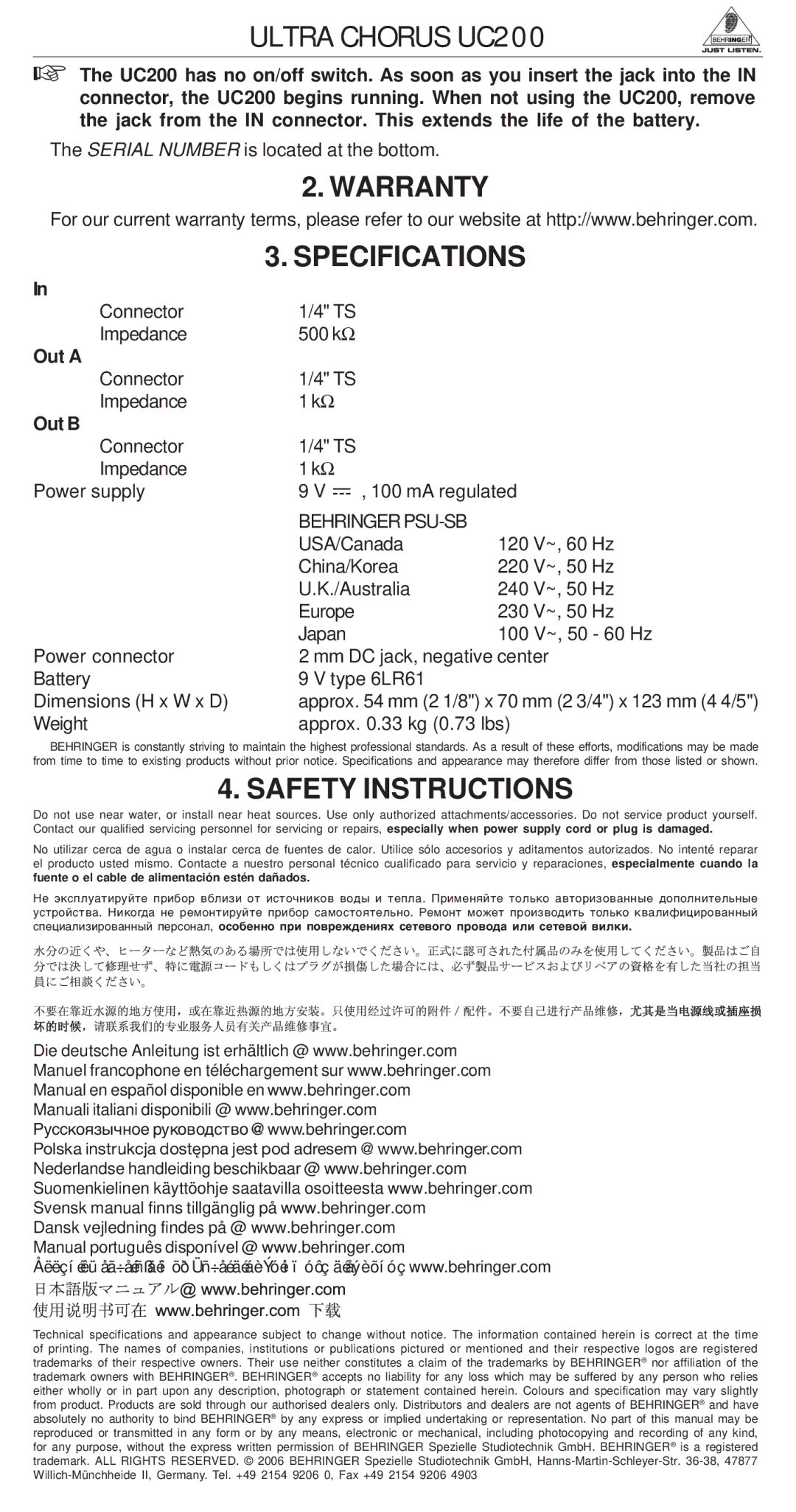 Behringer UC200 manual Warranty Specifications, Safety Instructions, Out a, Out B, Behringerpsu-Sb 