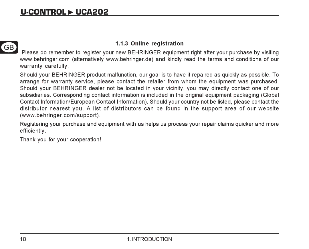 Behringer UCA202 manual Online registration 