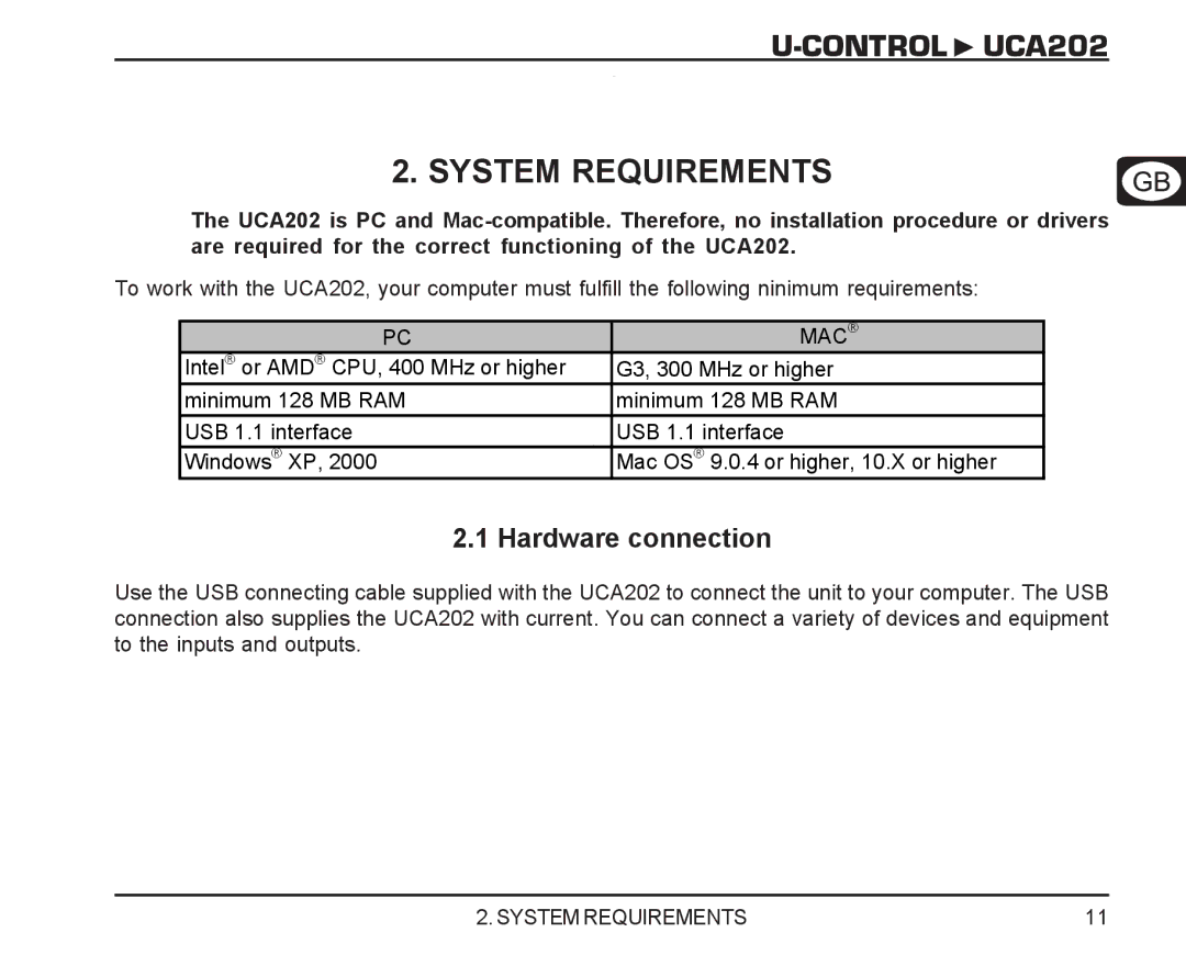 Behringer manual Control UCA202 System Requirements, Hardware connection 